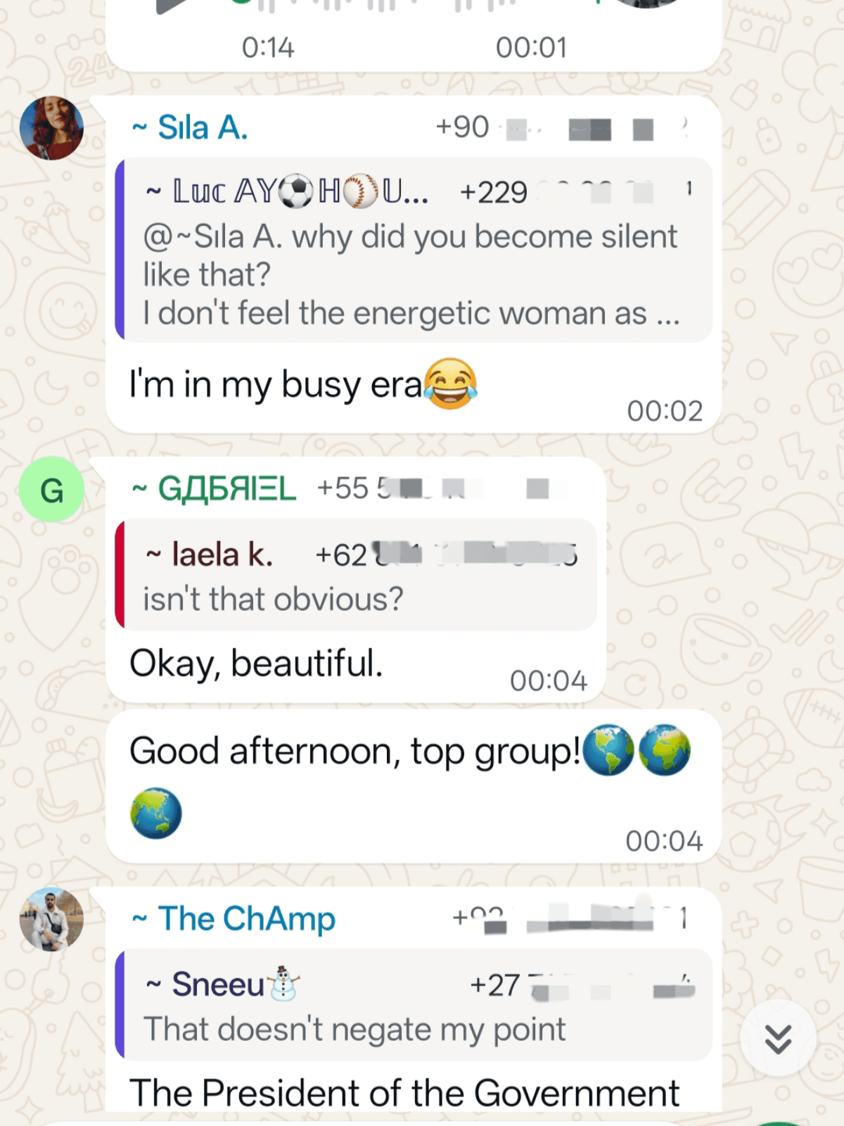 Screenshot of the international English WhatsApp group chat with real members talking in English